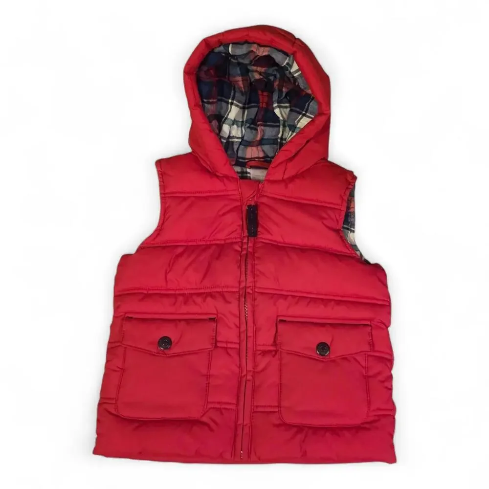 Baby Gap 2T Red Puffer Vest with Plaid Fleece Lining Zips and Real Pockets